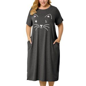 Women's Plus Size Nightgown Pajamas Pockets Cute Cat Sleepwear Dark Gray